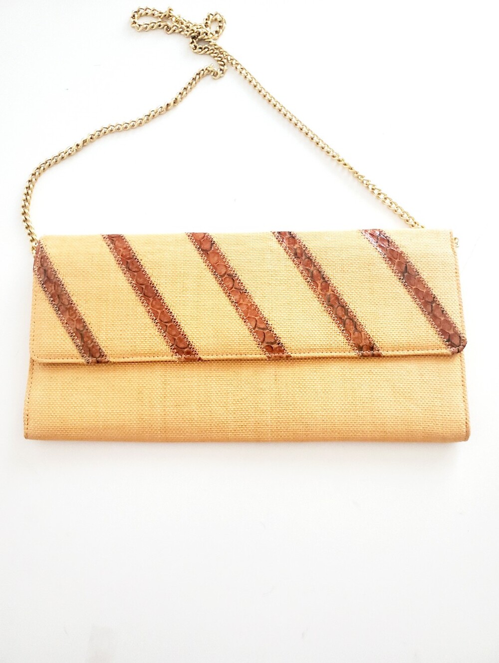 Woven Straw Clutch with Brown Leather-Trim Diagonal Accents